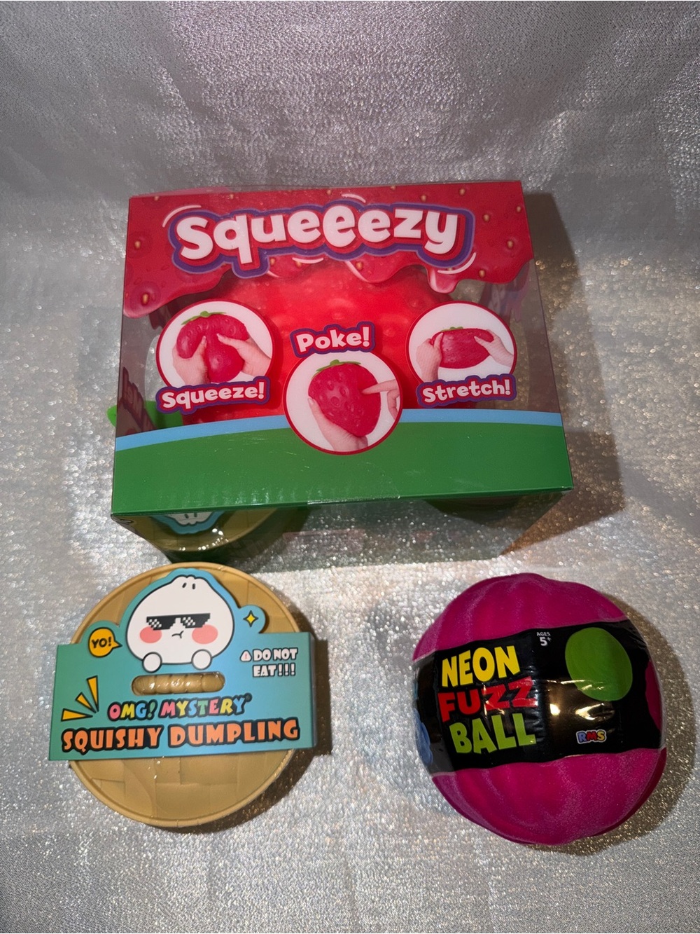 Squeeezy Strawberry, Omg Mystery Dumpling & Neon Pink Fuzz Ball
